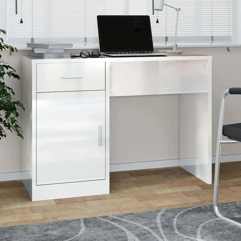 Desk with Drawer&Cabinet High Gloss White 100x40x73 cm