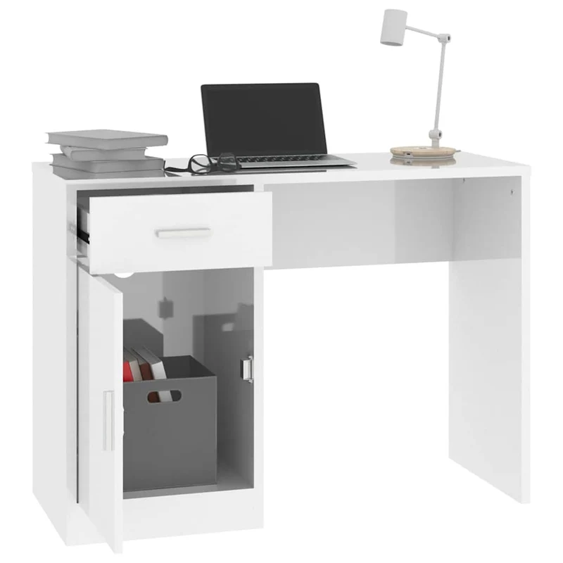 Desk with Drawer&Cabinet High Gloss White 100x40x73 cm