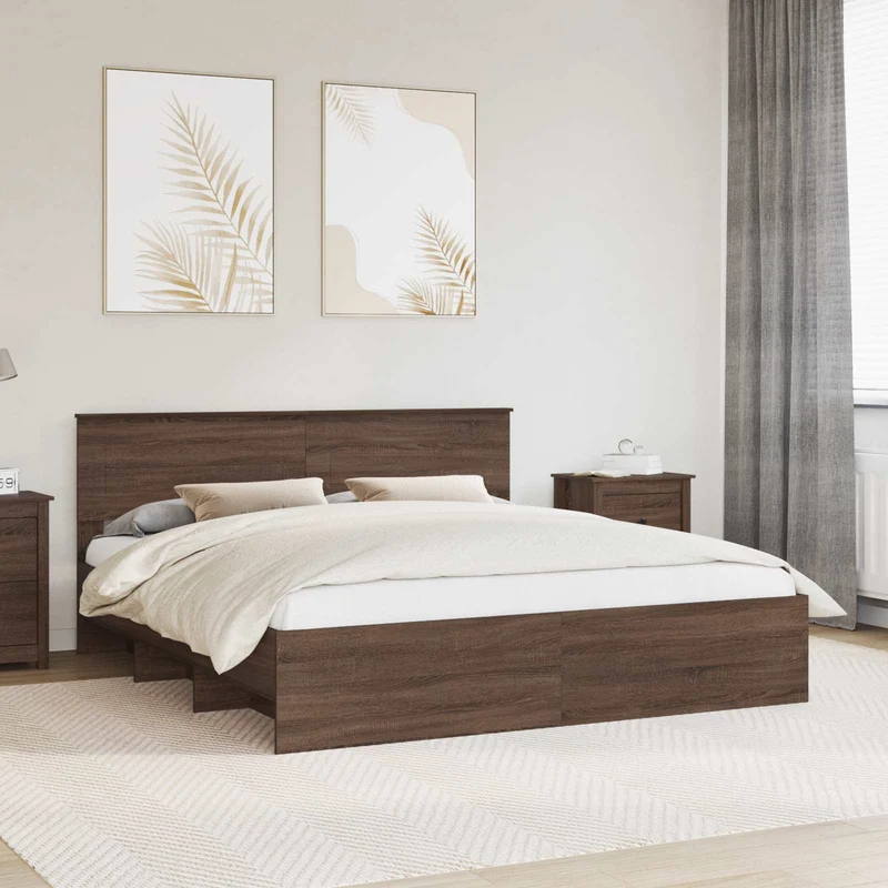 Bed Frame with Headboard Brown Oak 200 x 200 cm Engineered Wood