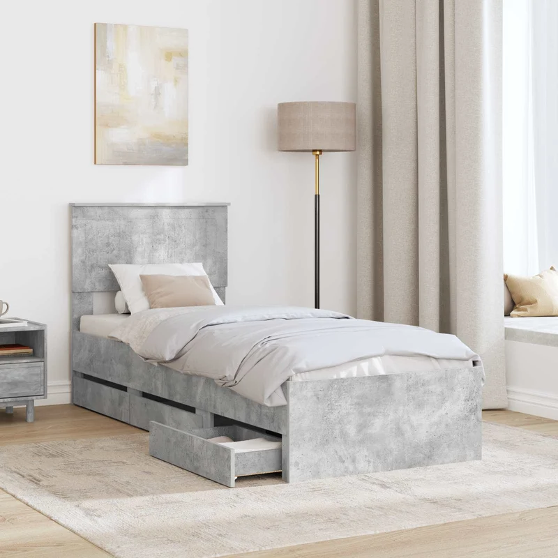 Bed Frame with Drawer Concrete Grey 75 x 190 cm Engineer Wood