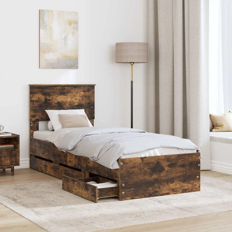 Bed Frame with Drawer Smoked Oak 75 x 190 cm Engineer Wood