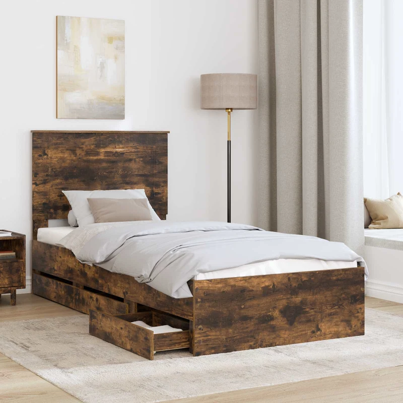 Bed Frame with Drawer Smoked Oak 90 x 200 cm Engineer Wood