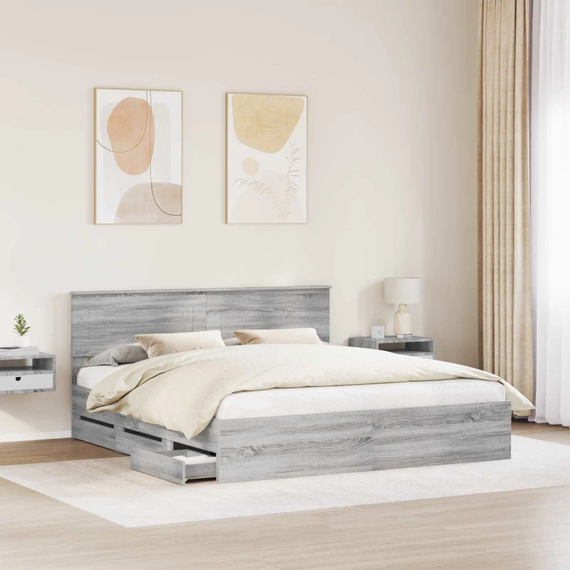 Bed Frame with Drawer Grey Sonoma 200 x 200 cm Engineer Wood