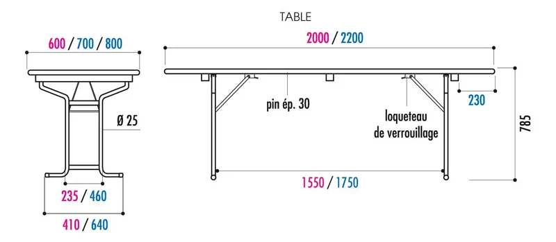 Table bois pliante tubulaire 220 x 70 cm