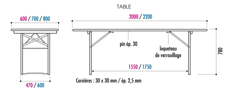Table pliante bois cornière 220 x 70 cm