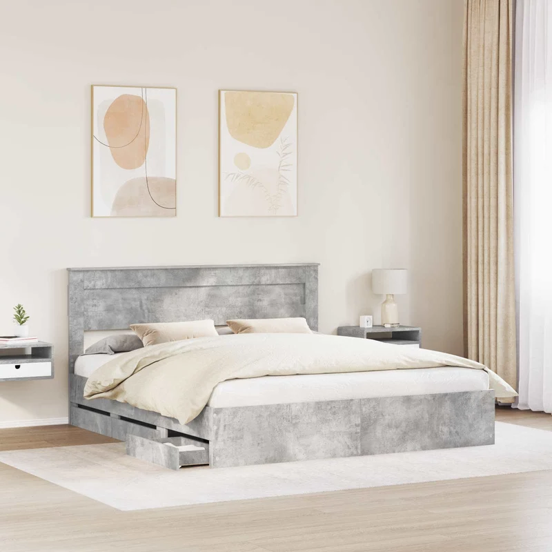 Bed Frame with Drawer Concrete Grey 200 x 200 cm Engineer Wood