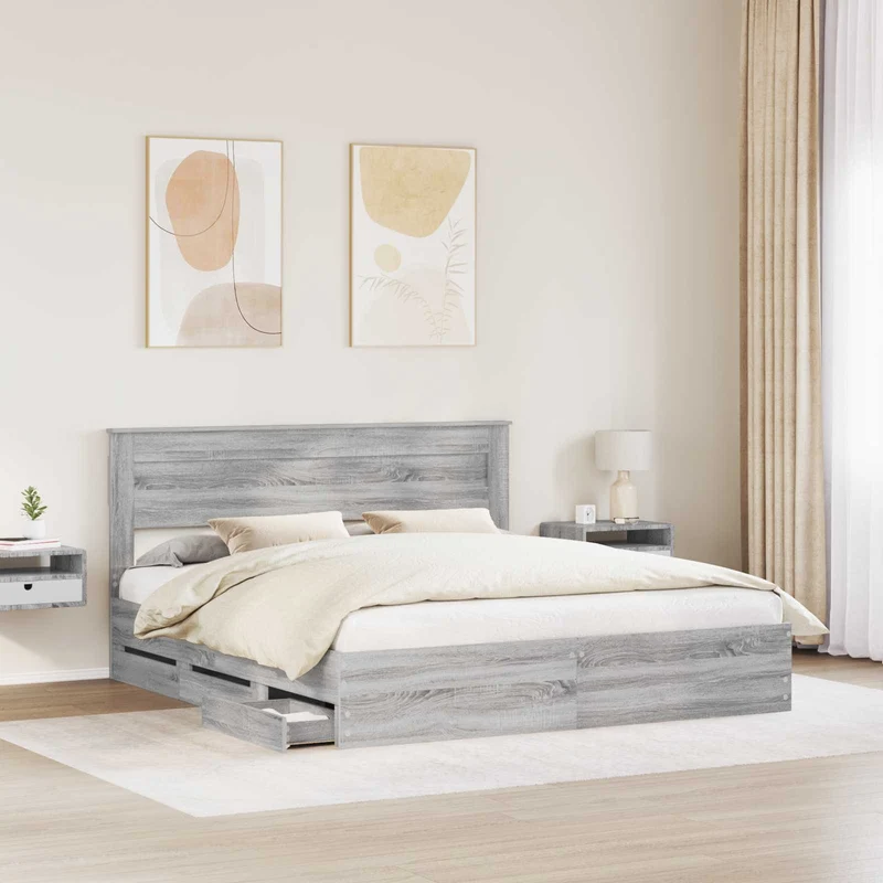 Bed Frame with Drawer Grey Sonoma 200 x 200 cm Engineer Wood