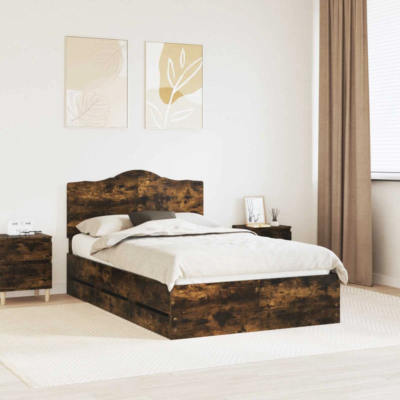 Bed Frame with Drawer Smoked Oak 135 x 190 cm Engineer Wood