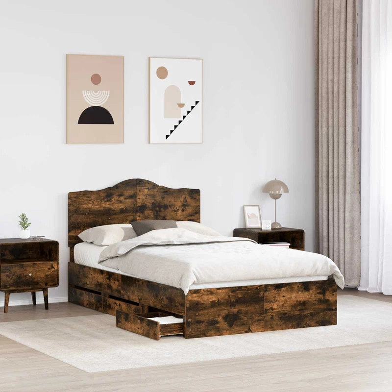 Bed Frame with Drawer Smoked Oak 135 x 190 cm Engineer Wood
