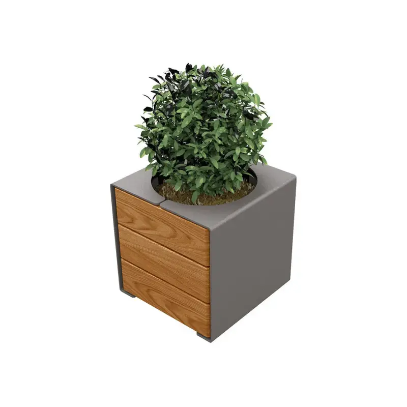 Bac à palmier KUB acier et bois 450 x 450 x 450 mm, 2 faces bois exotique 22 mm, bac intérieur acier