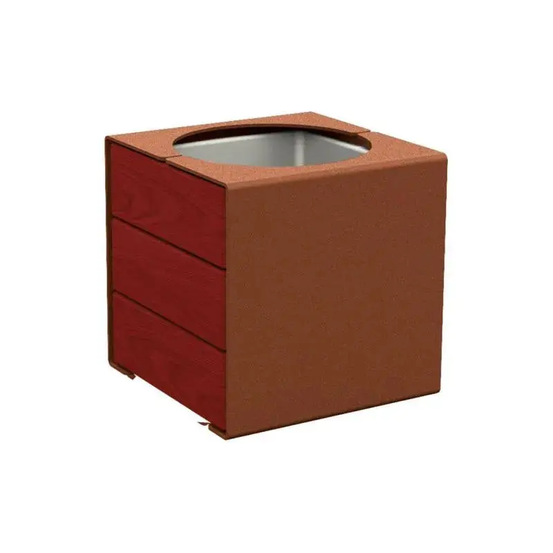 Bac à palmier KUB acier et bois 450 x 450 x 450 mm, 2 faces bois exotique 22 mm, bac intérieur acier