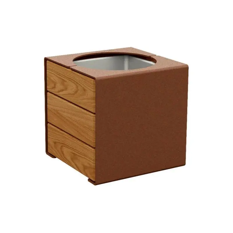 Bac à palmier KUB acier et bois 450 x 450 x 450 mm, 2 faces bois exotique 22 mm, bac intérieur acier