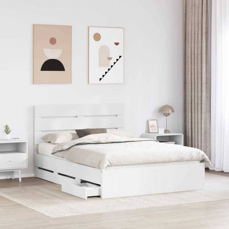 Bed Frame with Drawer White 140 x 190 cm Engineer Wood