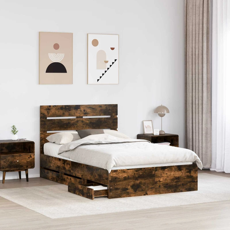 Bed Frame with Drawer Smoked Oak 135 x 190 cm Engineer Wood