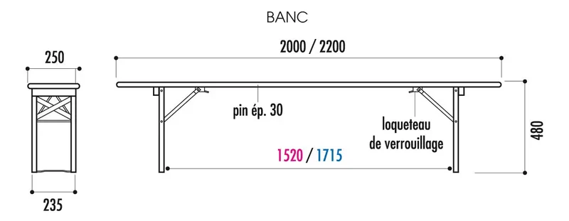 Banc bois cornière pliant 220 x 25 cm
