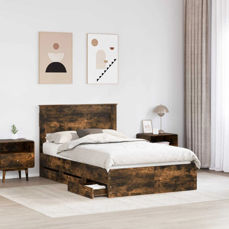 Bed Frame with Drawer Smoked Oak 135 x 190 cm Engineer Wood