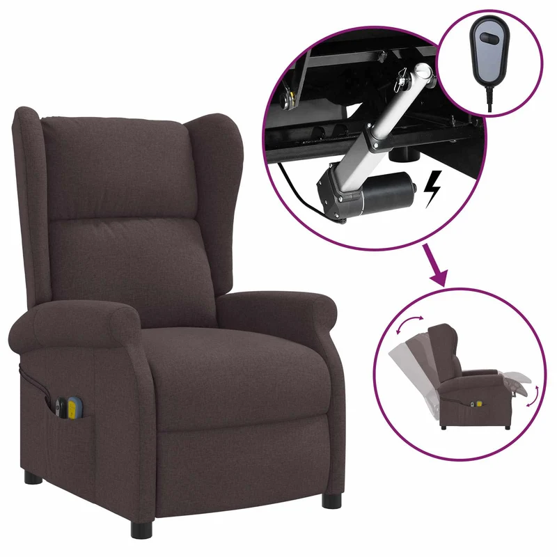 Wing Back Electric Massage Recliner Chair Dark Brown Fabric