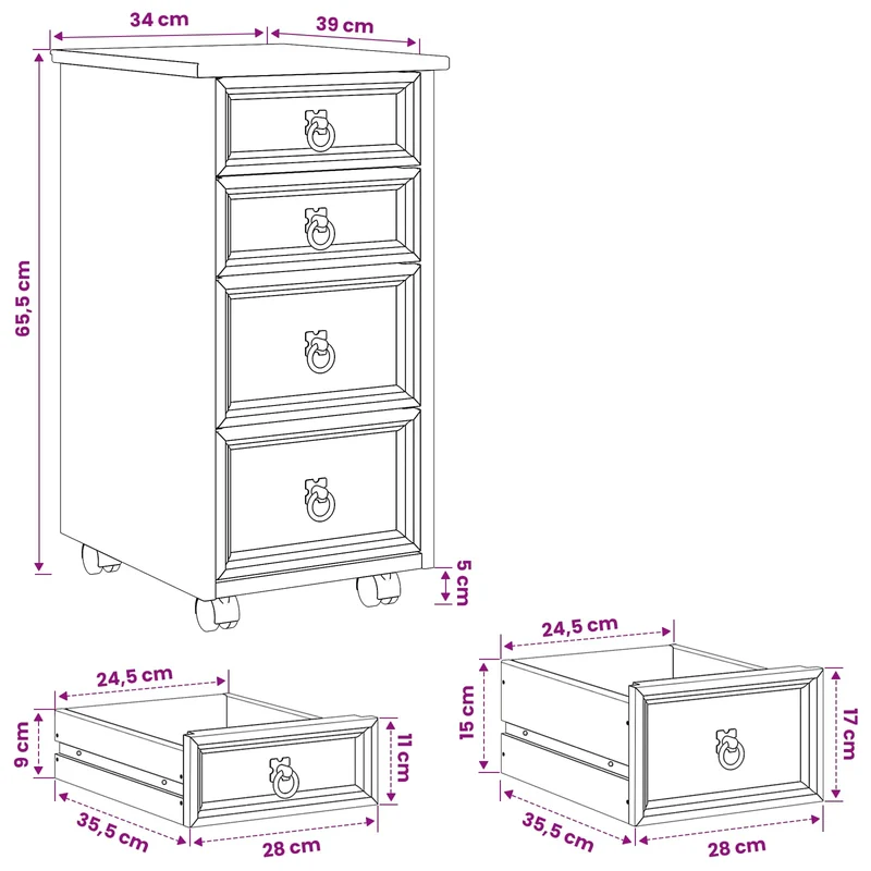 Rolling Cabinet with Drawers CORONA Honey Brown