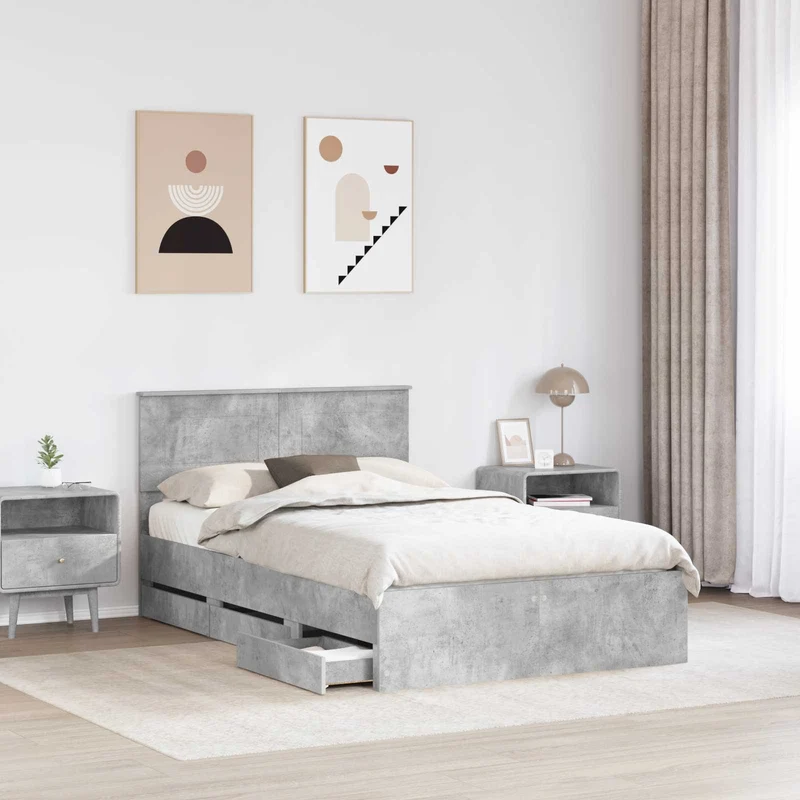 Bed Frame with Drawer Concrete Grey 135 x 190 cm Engineer Wood