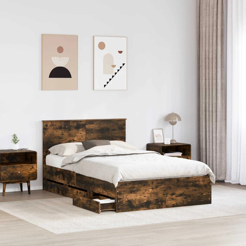 Bed Frame with Drawer Smoked Oak 135 x 190 cm Engineer Wood