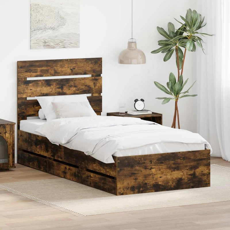 Bed Frame with Drawer Smoked Oak 100 x 200 cm Engineer Wood