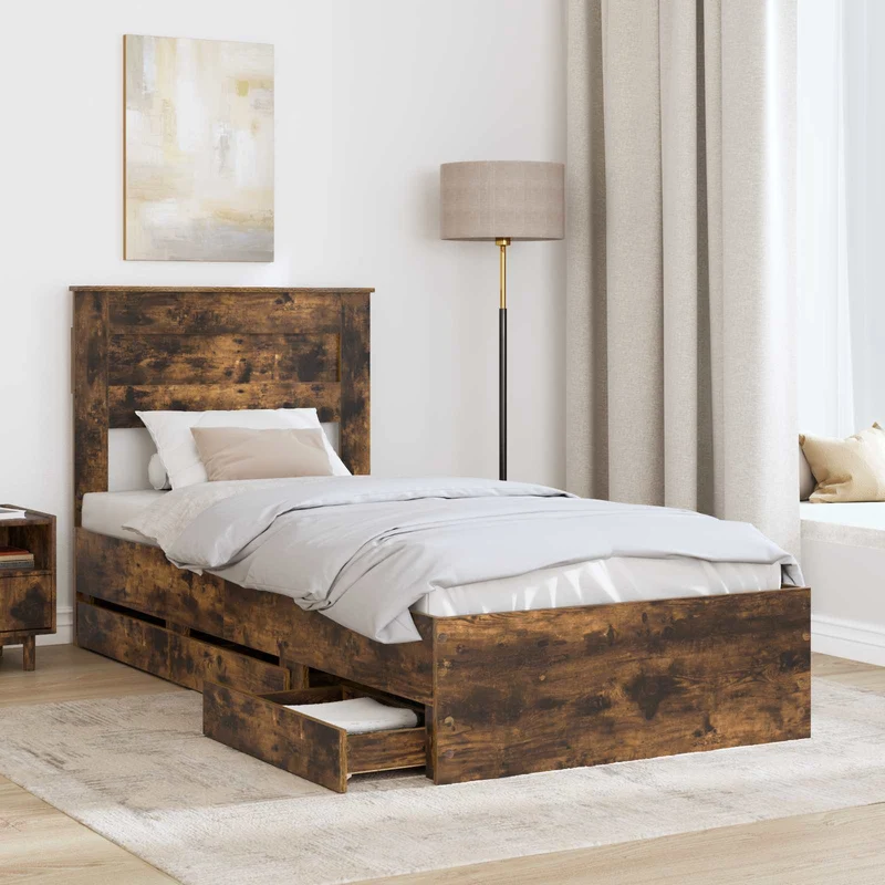 Bed Frame with Drawer Smoked Oak 75 x 190 cm Engineer Wood