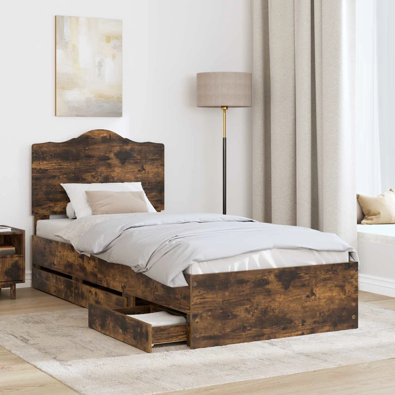 Bed Frame with Drawer Smoked Oak 90 x 190 cm Engineer Wood
