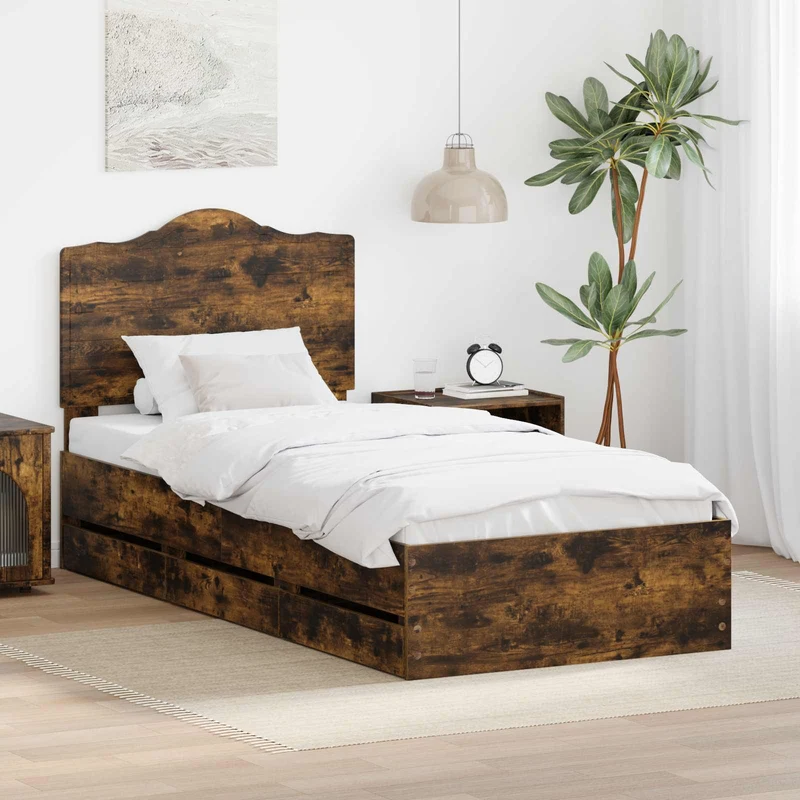 Bed Frame with Drawer Smoked Oak 75 x 190 cm Engineer Wood