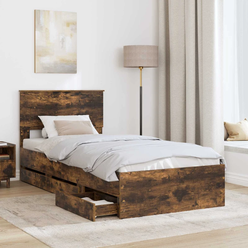 Bed Frame with Drawer Smoked Oak 75 x 190 cm Engineer Wood