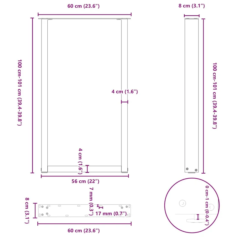 Bar Table Legs U-Shaped 2 pcs Natural Steel 60x(100-101) cm Steel