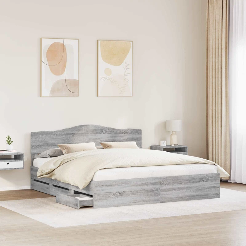 Bed Frame with Drawer Grey Sonoma 200 x 200 cm Engineer Wood