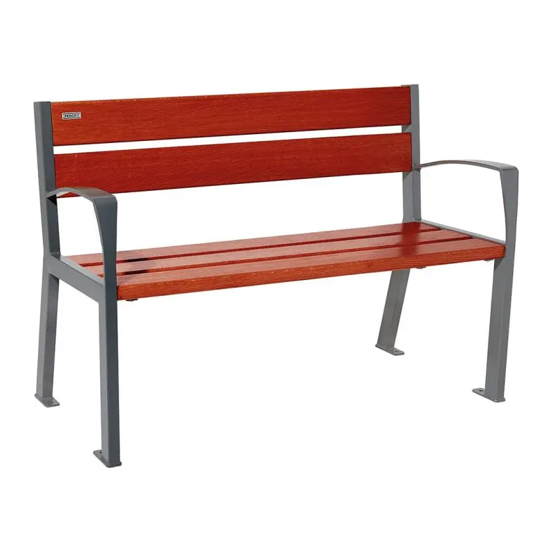 Banc bois et acier Silaos 1 200 ou 1 800 mm, 5 ou 6 lames en chêne PEFC, avec ou sans accoudoirs
