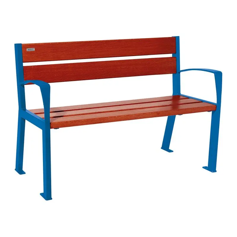 Banc bois et acier Silaos 1 200 ou 1 800 mm, 5 ou 6 lames en chêne PEFC, avec ou sans accoudoirs