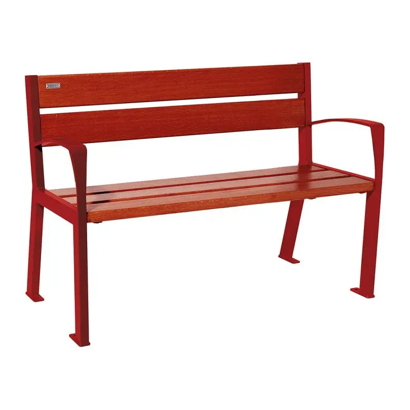 Banc bois et acier Silaos 1 200 ou 1 800 mm, 5 ou 6 lames en chêne PEFC, avec ou sans accoudoirs