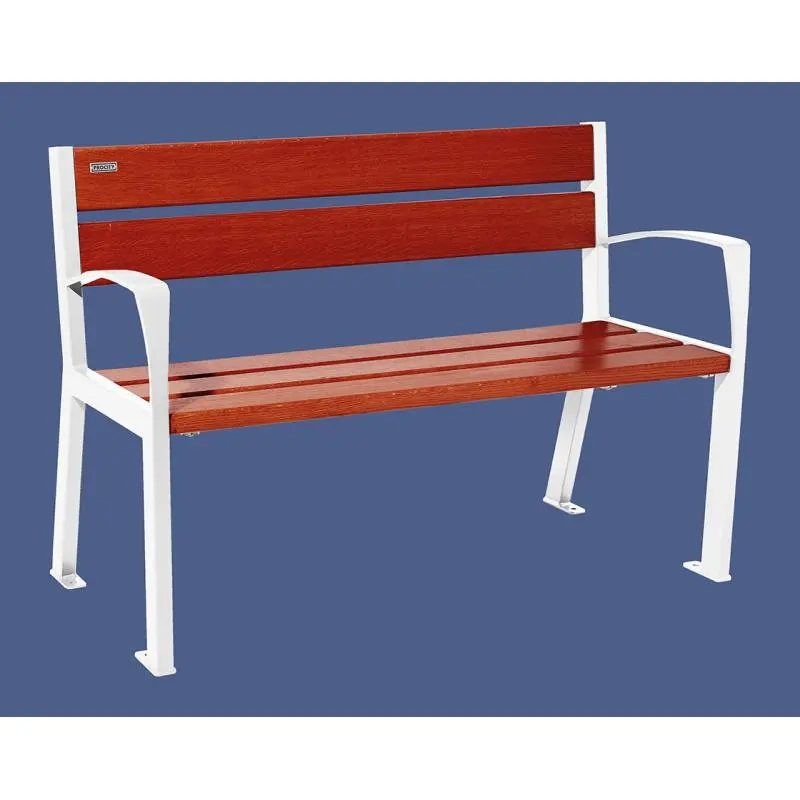 Banc bois et acier Silaos 1 200 ou 1 800 mm, 5 ou 6 lames en chêne PEFC, avec ou sans accoudoirs