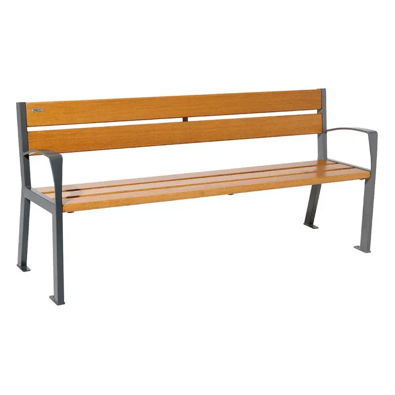 Banc bois et acier Silaos 1 200 ou 1 800 mm, 5 ou 6 lames en chêne PEFC, avec ou sans accoudoirs