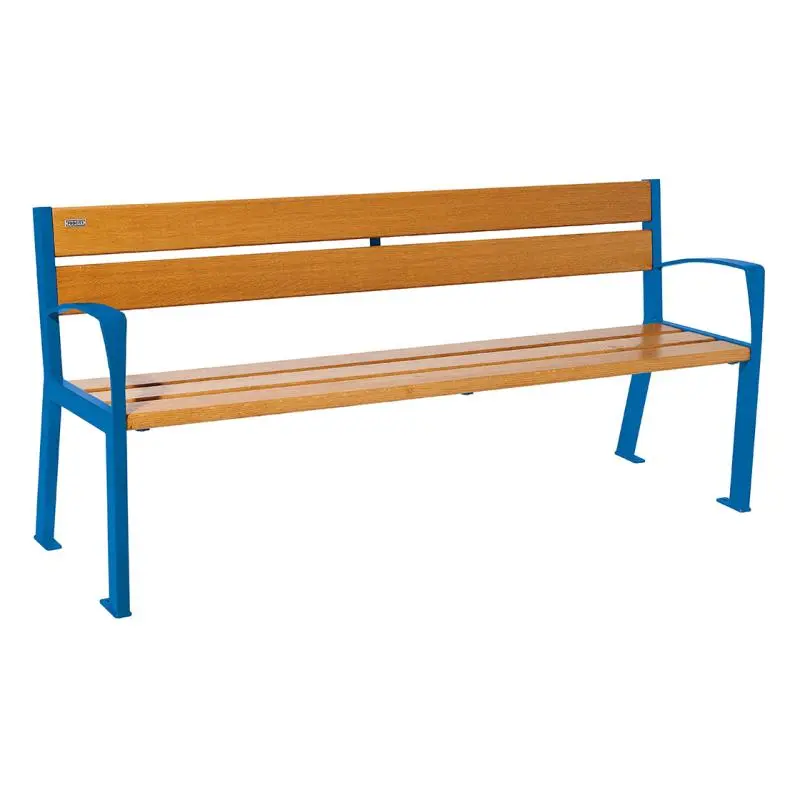 Banc bois et acier Silaos 1 200 ou 1 800 mm, 5 ou 6 lames en chêne PEFC, avec ou sans accoudoirs
