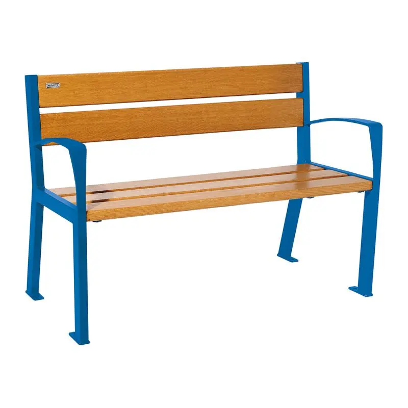 Banc bois et acier Silaos 1 200 ou 1 800 mm, 5 ou 6 lames en chêne PEFC, avec ou sans accoudoirs