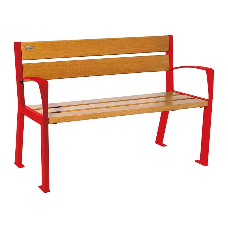 Banc bois et acier Silaos 1 200 ou 1 800 mm, 5 ou 6 lames en chêne PEFC, avec ou sans accoudoirs