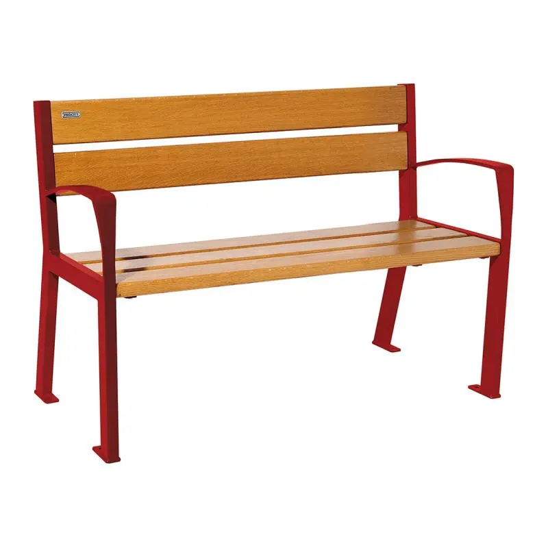 Banc bois et acier Silaos 1 200 ou 1 800 mm, 5 ou 6 lames en chêne PEFC, avec ou sans accoudoirs