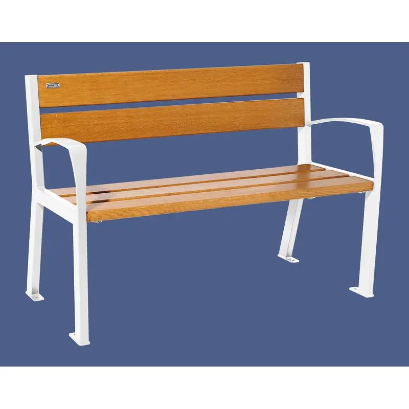 Banc bois et acier Silaos 1 200 ou 1 800 mm, 5 ou 6 lames en chêne PEFC, avec ou sans accoudoirs