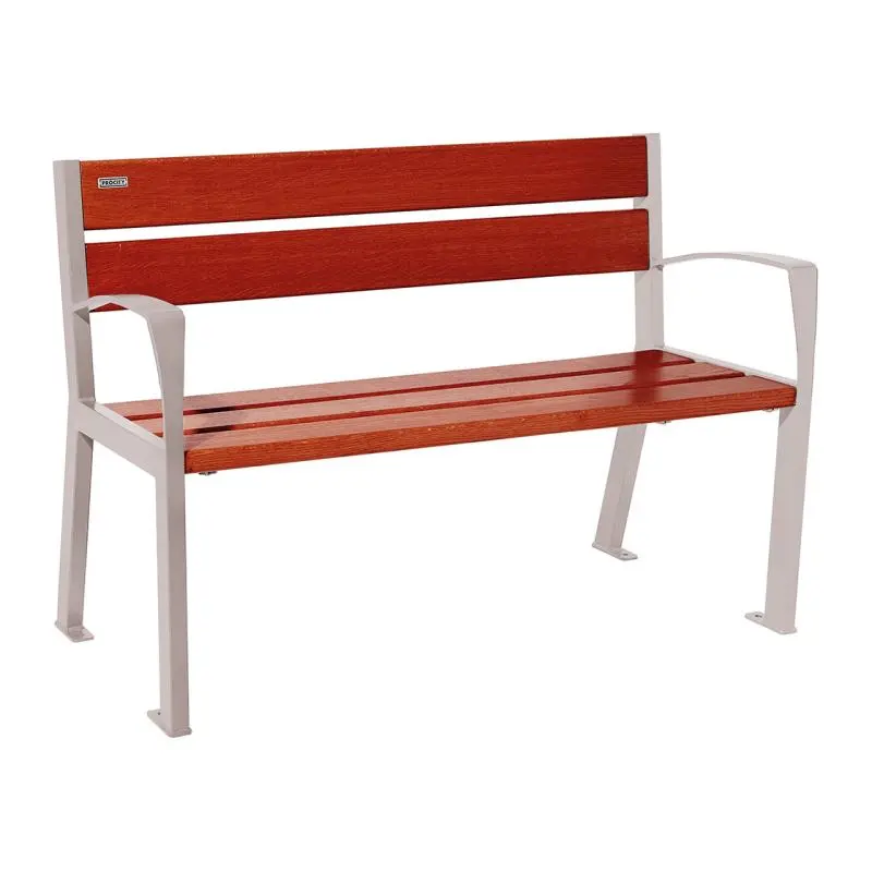 Banc bois et acier Silaos 1 200 ou 1 800 mm, 5 ou 6 lames en chêne PEFC, avec ou sans accoudoirs