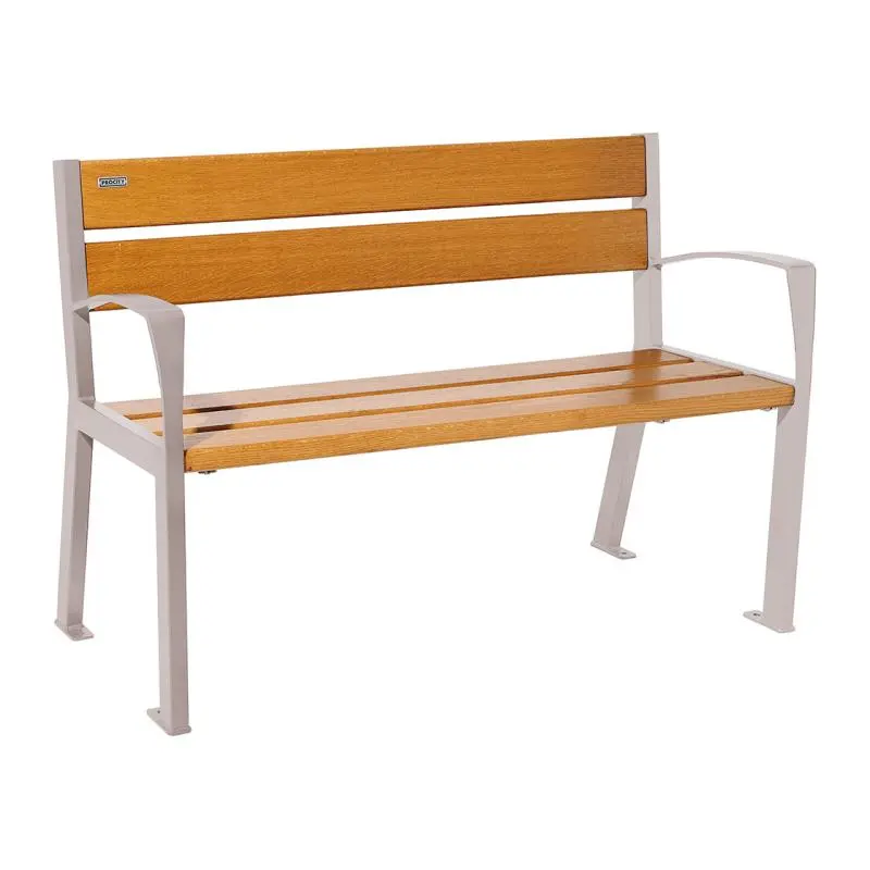 Banc bois et acier Silaos 1 200 ou 1 800 mm, 5 ou 6 lames en chêne PEFC, avec ou sans accoudoirs