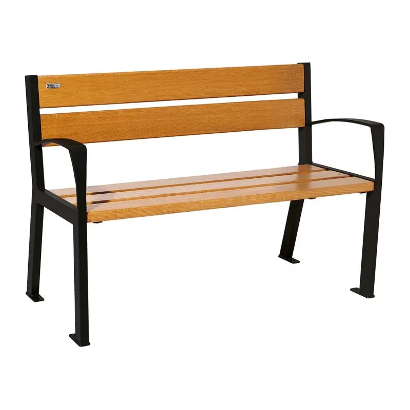 Banc bois et acier Silaos 1 200 ou 1 800 mm, 5 ou 6 lames en chêne PEFC, avec ou sans accoudoirs