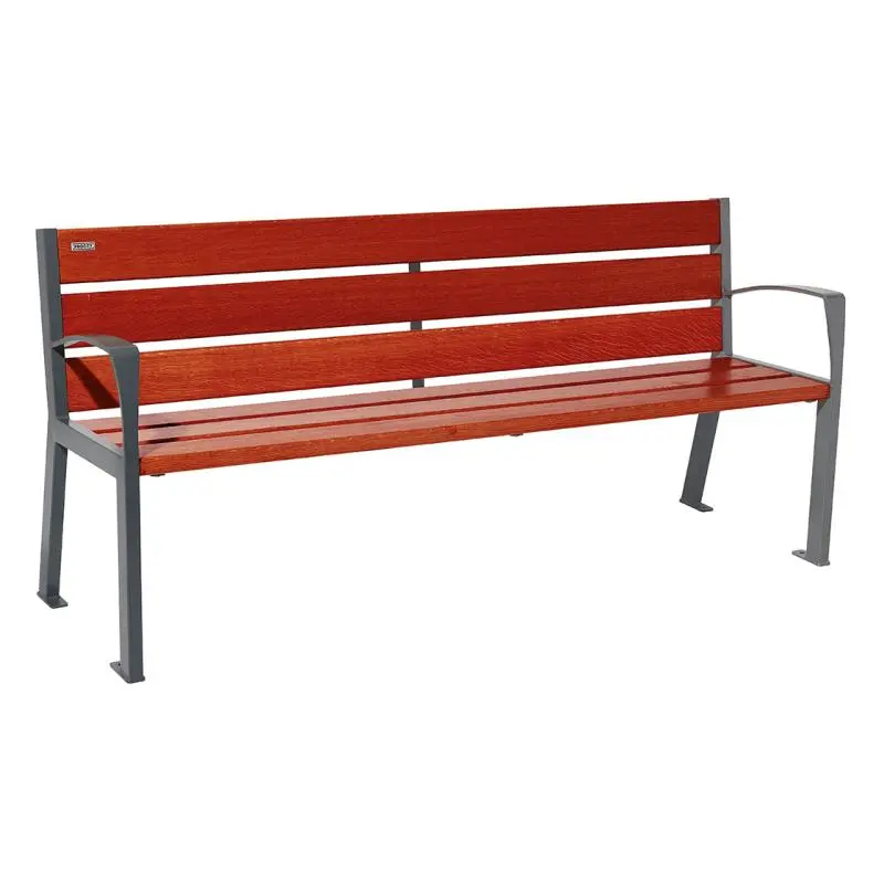 Banc bois et acier Silaos 1 200 ou 1 800 mm, 5 ou 6 lames en chêne PEFC, avec ou sans accoudoirs