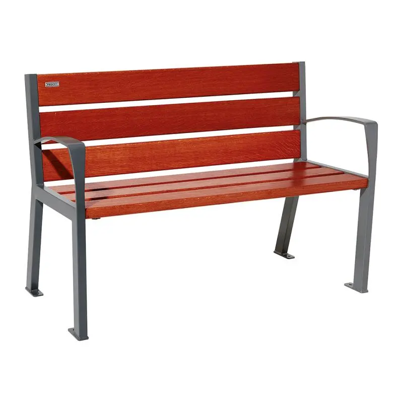 Banc bois et acier Silaos 1 200 ou 1 800 mm, 5 ou 6 lames en chêne PEFC, avec ou sans accoudoirs