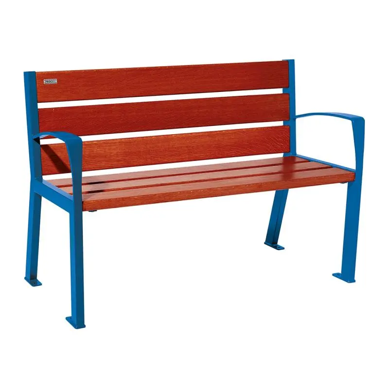 Banc bois et acier Silaos 1 200 ou 1 800 mm, 5 ou 6 lames en chêne PEFC, avec ou sans accoudoirs