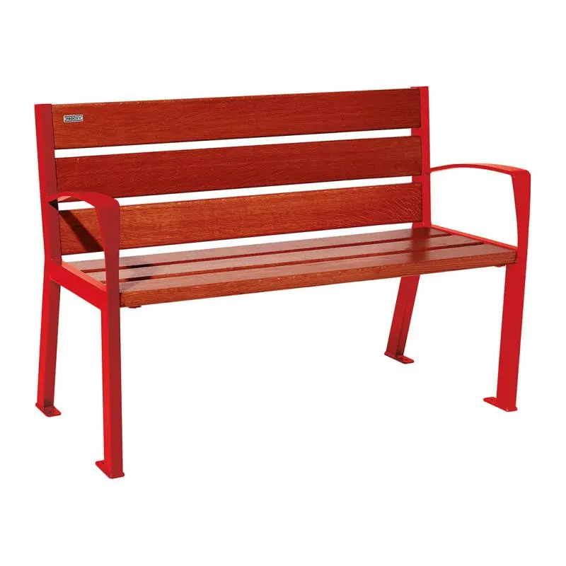 Banc bois et acier Silaos 1 200 ou 1 800 mm, 5 ou 6 lames en chêne PEFC, avec ou sans accoudoirs