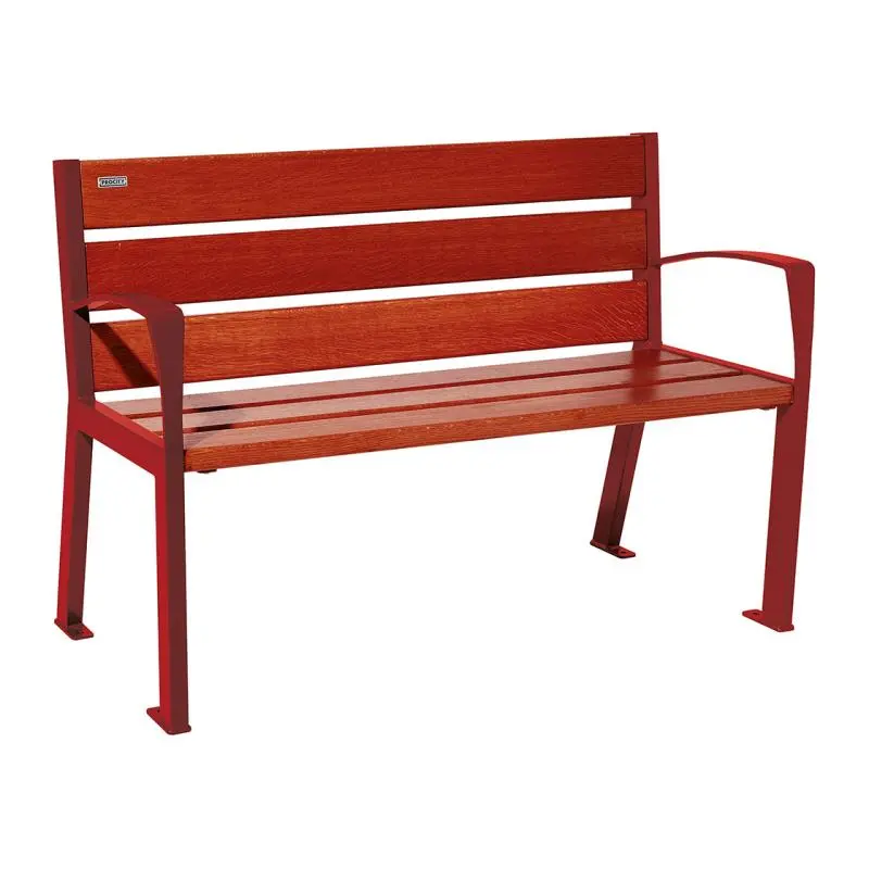 Banc bois et acier Silaos 1 200 ou 1 800 mm, 5 ou 6 lames en chêne PEFC, avec ou sans accoudoirs
