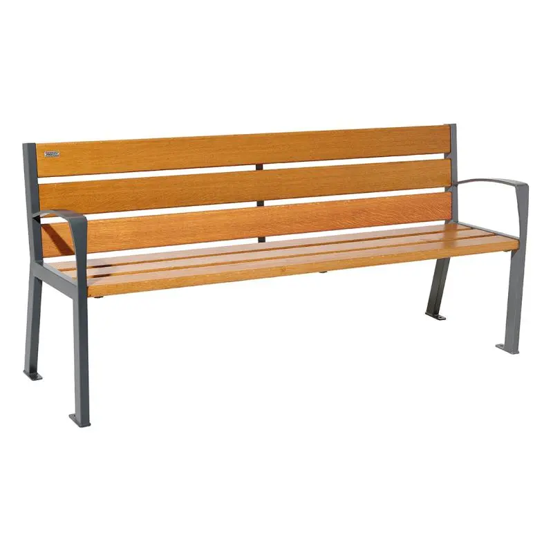 Banc bois et acier Silaos 1 200 ou 1 800 mm, 5 ou 6 lames en chêne PEFC, avec ou sans accoudoirs